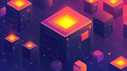 Poster - abstract digital landscape featuring glowing cubes in a futuristic setting with vibrant colors