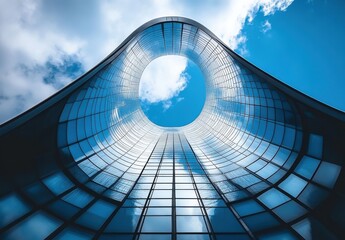 Poster - Modern Architectural Design with a Unique Circular Opening Surrounded by Glass Walls Against a Bright Blue Sky with Fluffy Clouds