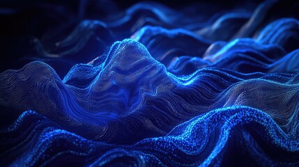 Abstract digital landscape with blue wavy lines converging towards the horizon under a dark