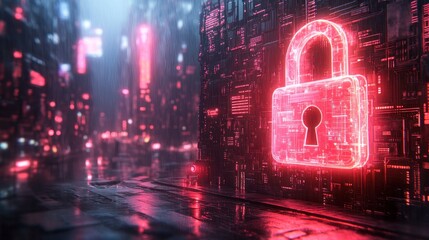 Poster - Futuristic digital cityscape featuring a glowing lock symbol amidst rain