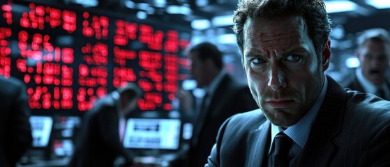 Poster - Intense businessman analyzing market data in a high-tech control room setting
