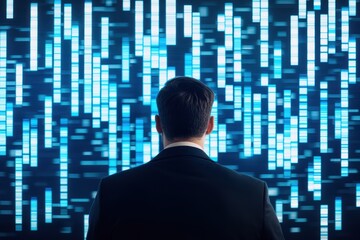 Poster - Businessman Analyzing Digital Projections with Bar Graphs Against Blue Background