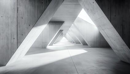 Poster - Modern architectural interior with angular concrete supports creating a dynamic, spacious environment filled with natural light and minimalist design elements