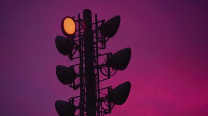 Wall Mural - Silhouetted communication tower against a vibrant purple sunset sky with glowing lights