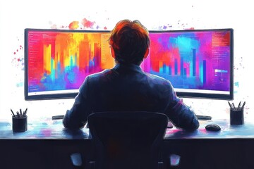 Poster - Person Analyzing Colorful Data Visualizations on Dual Monitors in a Modern Workspace
