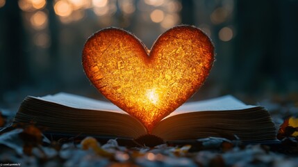 Wall Mural - Glowing heart on open book in autumn forest at sunset