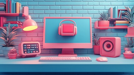 Poster - Pink and blue computer setup with headphones icon on screen.