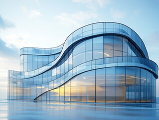 Aufkleber - Modern Architectural Structure with Curved Glass Façade Reflecting Sky and Light in Contemporary Urban Setting, Futuristic Design on Tranquil Surface