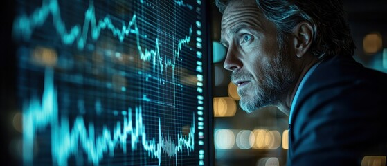 Poster - Businessman Analyzing Financial Data on a Digital Screen in Modern Office
