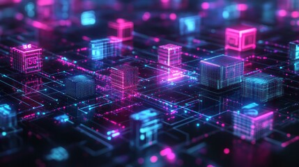 Poster - Futuristic Digital Landscape with Glowing Circuits and Data Blocks Representing Technology
