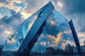 Poster - Modern Glass Building with Reflection of Clouds and Sky in Urban Landscape During Sunset in a Vibrant City Environment
