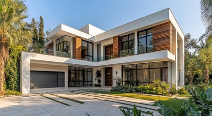 Aufkleber - Modern Luxurious House Surrounded by Lush Greenery Featuring Large Windows, Stylish Architecture, and Expansive Outdoor Space for Contemporary Living