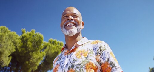 Wall Mural - Happy senior man outdoors, sunny day, trees background, retirement joy