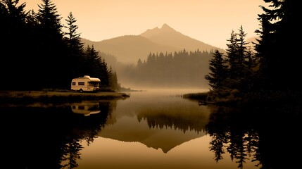 Wall Mural - Serene lakeside view featuring a vintage camper amidst misty mountains and evergreen trees