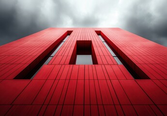 Poster - Red Architectural Structure with Geometric Shapes Against Dramatic Cloudy Sky Showing Modern Design and Bold Color Contrast in Urban Environment