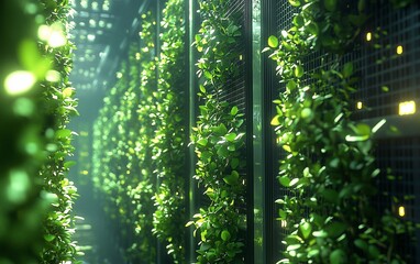 Aufkleber - Lush green plants growing vertically in a modern server room.
