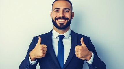 Smiling businessman giving thumbs up, studio, success