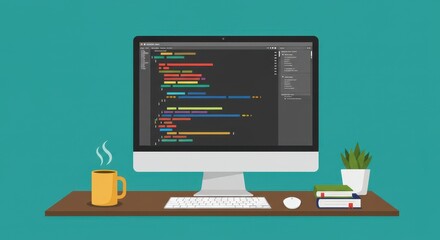 Fototapete - A flat illustration of a coding workspace featuring a desktop computer with colorful lines of code on the screen