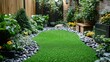 © arsyi_06 - Lush green artificial turf in a small urban garden with plants and brick wall