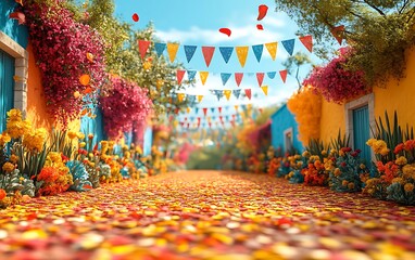 Vibrant Floral Street Festive Decor Colorful Buildings red art blue path road party happy 