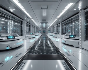 Poster - Futuristic cleanroom with high-tech equipment and glowing floor.