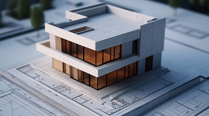 Wall Mural - Modern House Architectural Model on Blueprint