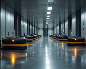 Poster - Autonomous robots in a modern warehouse corridor.