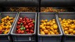 © Tyrah - Colorful display of fresh vegetables in bins at a market, with discarded produce in the background