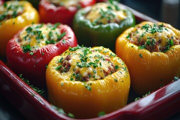 Wall Mural - Colorful bell peppers stuffed with meat and gratinated with cheese, resting in a red baking dish