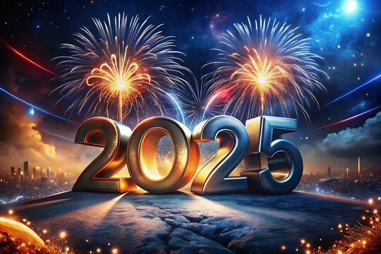 Happy New Year 2025 colorful firework illumination on dark blue sky background, Celebrating 2025 the new year's eve, 2025 gold logo design,