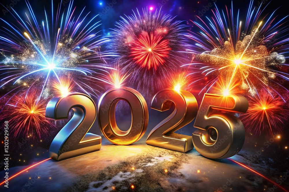 Happy New Year 2025 colorful firework illumination on dark blue sky