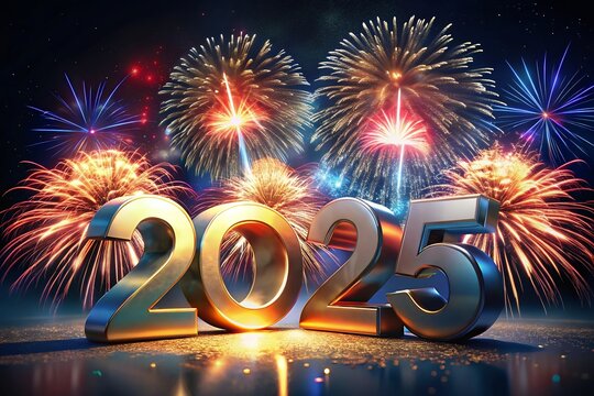 Happy New Year 2025 colorful firework illumination on dark blue sky background, Celebrating 2025 the new year's eve, 2025 gold logo design,