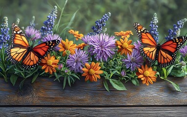 Canvas Print - Two monarch butterflies on colorful wildflowers arranged on rustic wood.