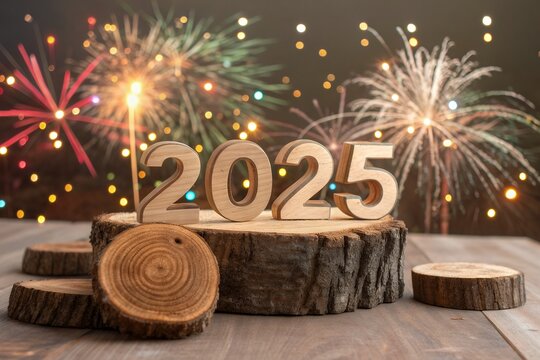 Happy New Year 2025 colorful firework illumination on dark blue sky background, Celebrating 2025 the new year's eve, 2025 gold logo design,