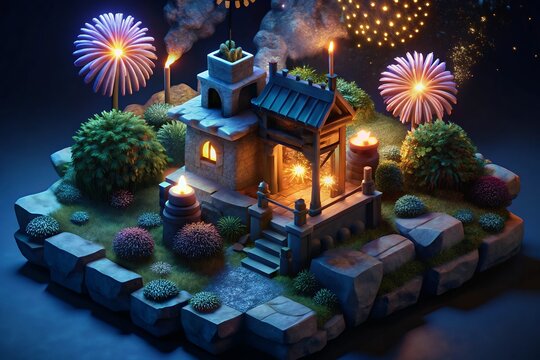 Christmas tree decorations or Icon House with Firework 