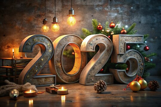 Happy New Year 2025 colorful firework illumination on dark blue sky background, Celebrating 2025 the new year's eve, 2025 gold logo design,