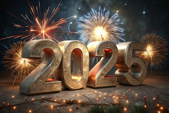 Happy New Year 2025 colorful firework illumination on dark blue sky background, Celebrating 2025 the new year's eve, 2025 gold logo design,