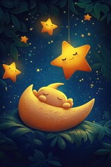 Wall Mural - Baby Sleeping on Crescent with Stars