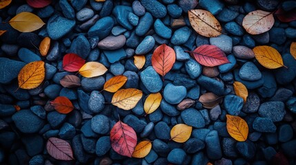 a vibrant autumn setting with bright orange, golden yellow, and crimson red leaves scattered across 