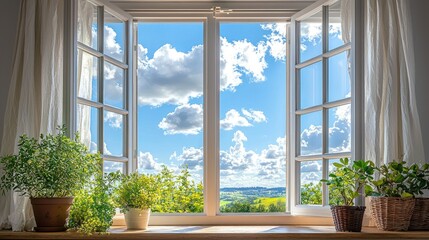 Wall Mural - Open window with plants, scenic countryside view, sunny sky