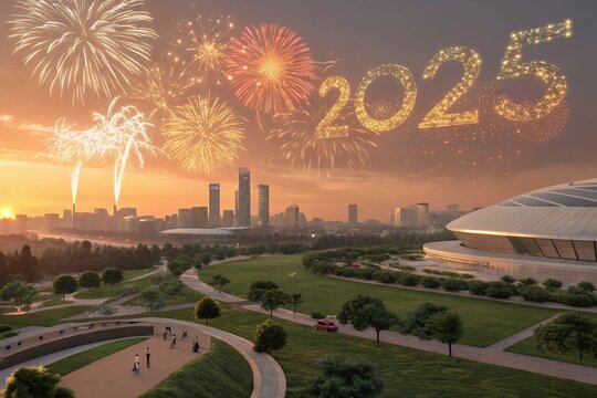 City Happy New Year 2025 colorful firework illumination on dark blue sky background, Celebrating 2025 the new year's eve, 2025 gold logo design,
