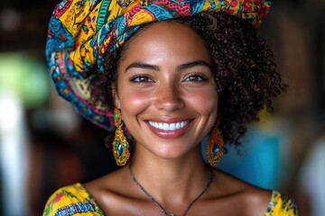 Wall Mural - A joyful woman with curly hair and colorful attire smiles warmly, showcasing cultural heritage.