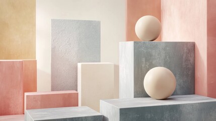 Wall Mural - Abstract Minimalist Still Life with Pastel Cubes and Spheres