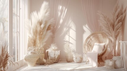 Wall Mural - Serene Bohemian Interior: Sunlit Room with Pampas Grass and Rattan Chair