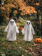 Sticker - Kids in Ghost Costumes with Pumpkin