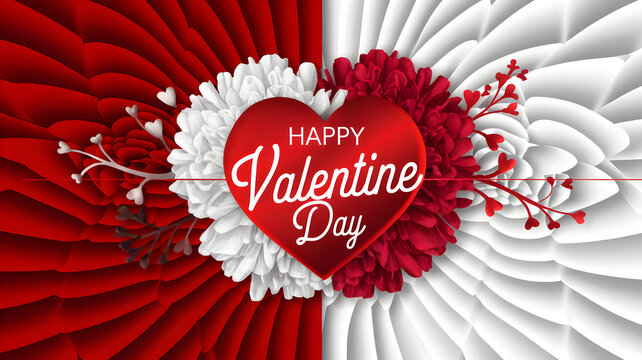 Happy valentine day banner, red and white background, 8k resolution, realistic image, flower, love shape, love