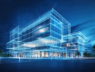 Poster - Futuristic Architectural Design of a Modern Building with a High-Tech Aesthetic and Transparent Glass Structure Illuminated by Night Lights
