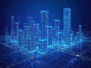 Poster - Futuristic Cityscape with Neon Blue Lights and Digital Overlay Representing Smart Technology and Urban Innovation in a Modern Metropolis Environment