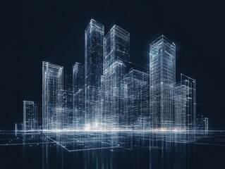 Poster - Futuristic Digital Cityscape with Illuminated Skyscrapers and High-Tech Buildings Surrounded by a Dynamic Urban Atmosphere, Ideal for Innovation and Technology Themes