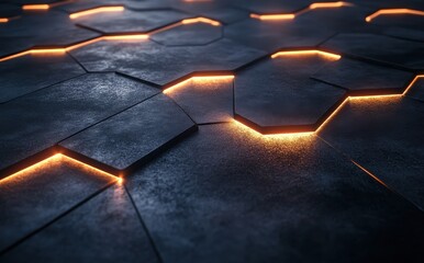 Aufkleber - Futuristic Hexagonal Pattern with Glowing Edges on Dark Textured Surface Creating a High-Tech Atmosphere for Background or Design Use